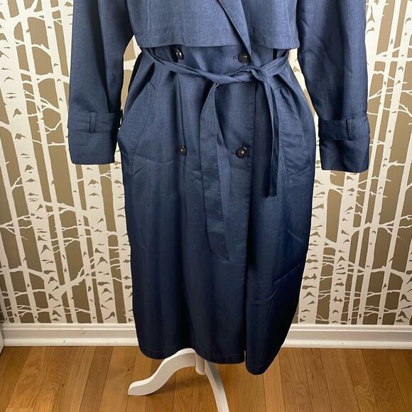 Vintage 80s Navy Blue Olive Green Double Breasted Trench Coat 6 - Picture 11 of 11